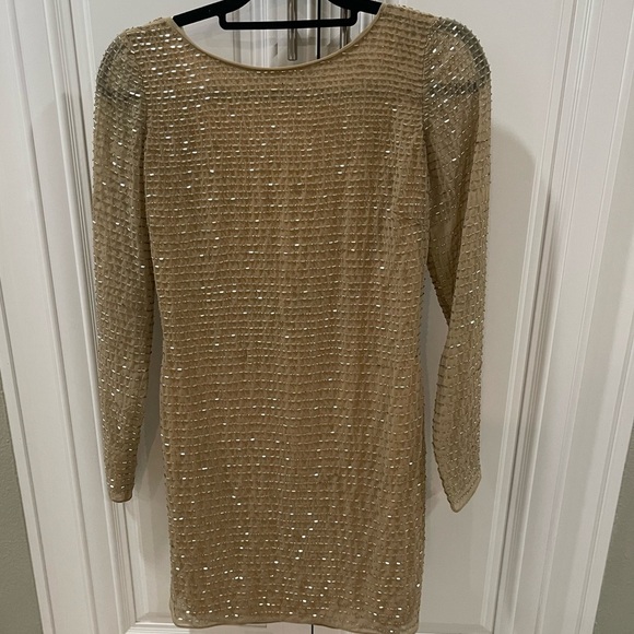Aidan Mattox Mini Beaded Tan Gold Metallic Dress size 4 Holiday Christmas Party - Picture 6 of 16